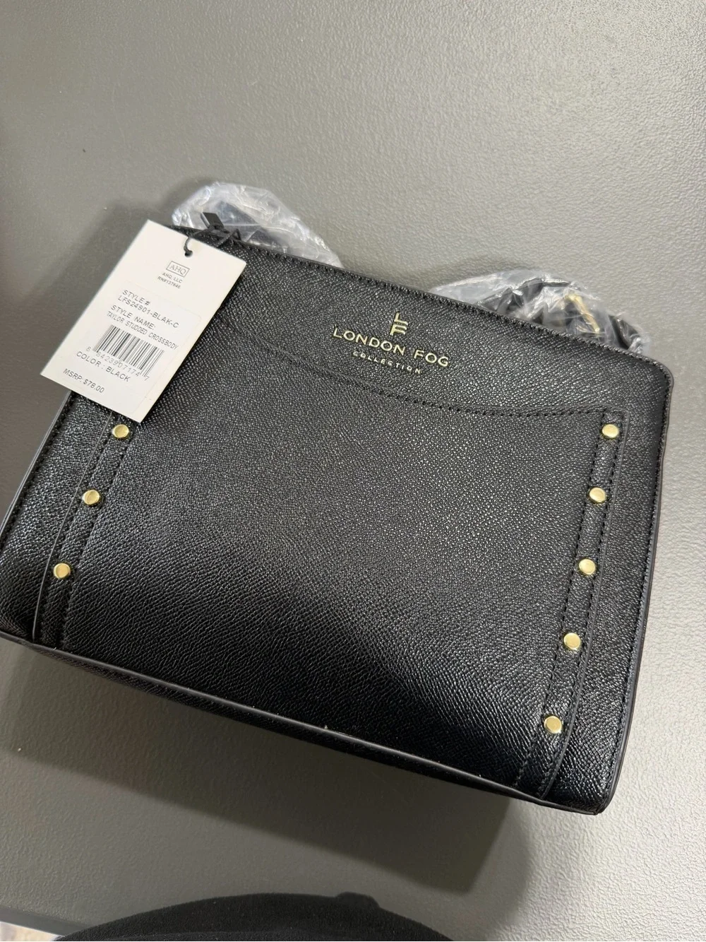 London Fog Black Saffiano Satchel with Gold Hardware